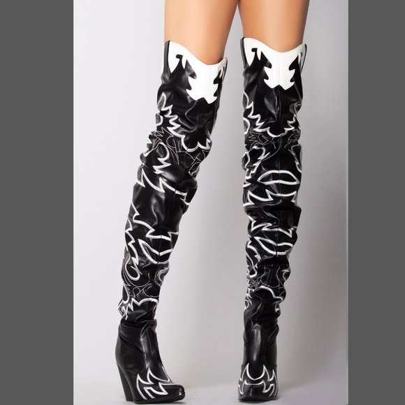 Kelsey Black Embroidered White Thigh High Western Cowboy Slouch Boots - Picture 3 of 8